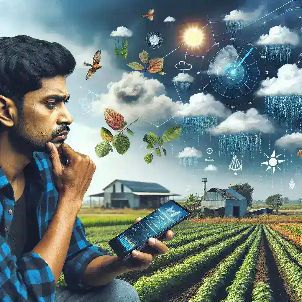 "Petani subsisten menggunakan teknologi forecasting cuaca presisi untuk meningkatkan hasil panen mereka, dengan layar komputer menampilkan data cuaca terkini dan analisis pertanian."