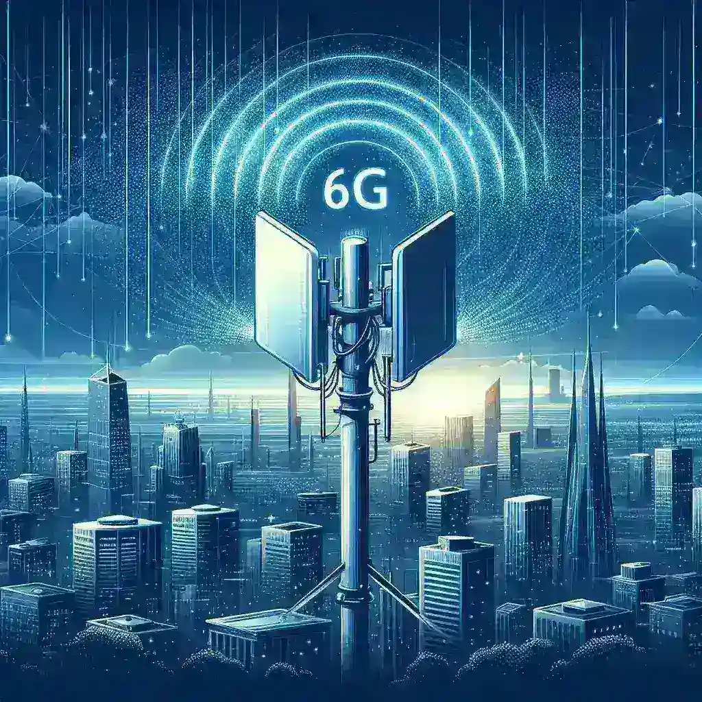 "Antena 6G pertama di dunia yang diperkenalkan oleh Huawei, menunjukkan inovasi teknologi telekomunikasi terbaru, dengan latar belakang uji coba jaringan yang akan dimulai tahun depan."